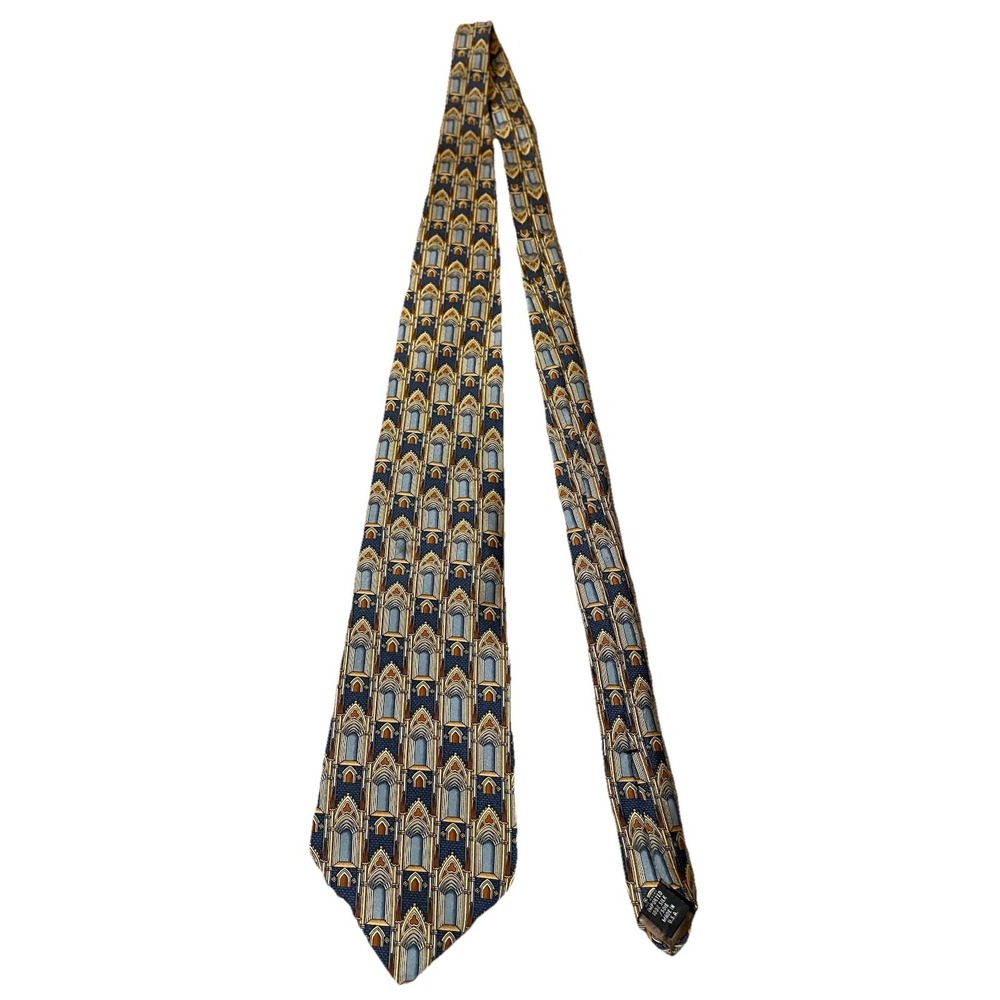 Vtg Unicef Silk Necktie Gothic Arches England Beige Navy USA Made - Picture 2 of 7